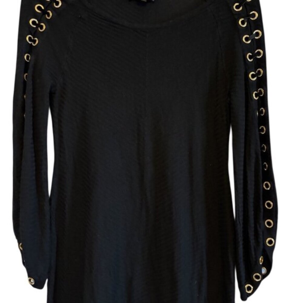 Belldini Los Angeles Black Longer Top Gold Rhinestone Accents Size S/P